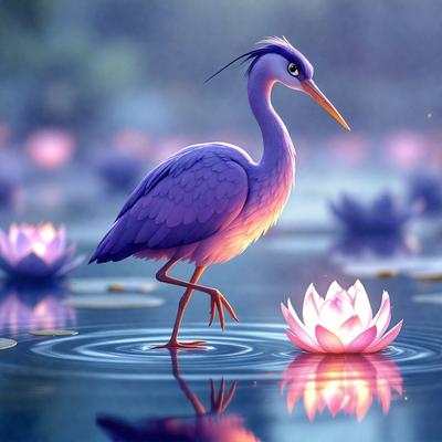 The primary subject of the image is a purple bird standing on one leg in a body of water. The bird appears to be looking at a flower, which is floating nearby. The setting is a serene environment with a body of water and a few flowers scattered around. The visual style of the image is a combination of digital art and illustration, creating a vibrant and lively atmosphere. The dominant colors in the image are purple and blue, which contribute to the overall mood of the scene.